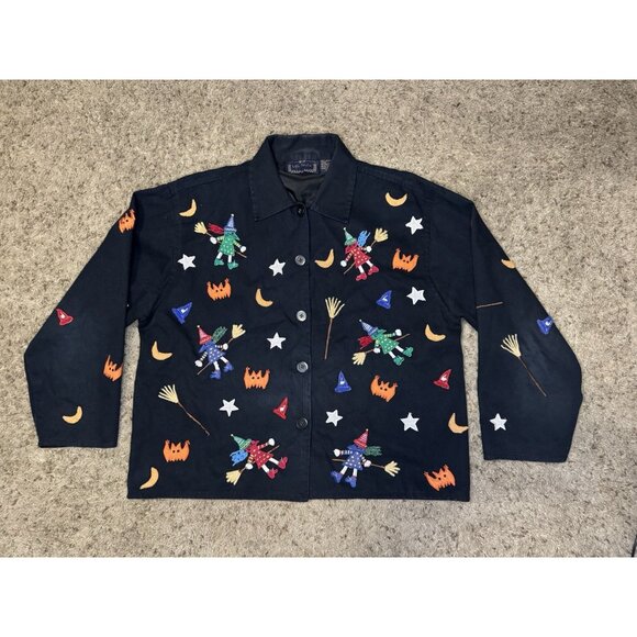 Vintage Button Jacket Cardigan Embroidered Halloween Witches Broom 90s Kitschy M - Picture 1 of 11
